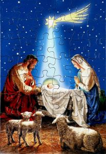 Joulukorttipalapeli Pyhä perhe ja lampaat 48 palaa