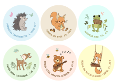 Tarra Eläimet raamatunlauseilla, 6 erilaista pyöreää tarraa