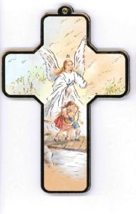 Puuristi Suojelusenkeli ja lapset vaalea 9x13 cm