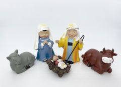 Jouluseimihahmot veikeät 10 cm Maria, Joosef, Jeesus, aasi ja härkä - 28250